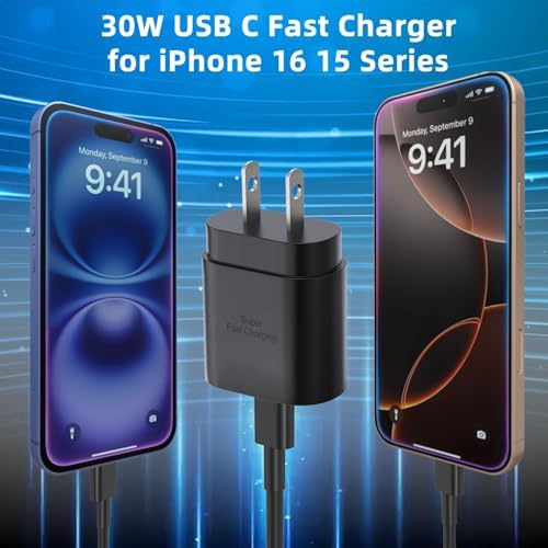 30 W Ultra-Fast USB-C Charger with 6.6 FT Cable for i Phone 16/15 & Galaxy S Series – High-Speed Charging with Safety Features for All Devices – Compact & Portable Power Adapter for On-the-Go Use