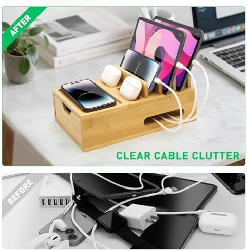 Eco-Friendly Bamboo Charging Station for Multiple Devices – Sleek Desktop Organizer with Drawer & Tray, Includes 6 Versatile Charging Cables, Compatible with Cell Phones, Tablets & Earphones – Fast Charging Solution for a Clutter-Free Workspace