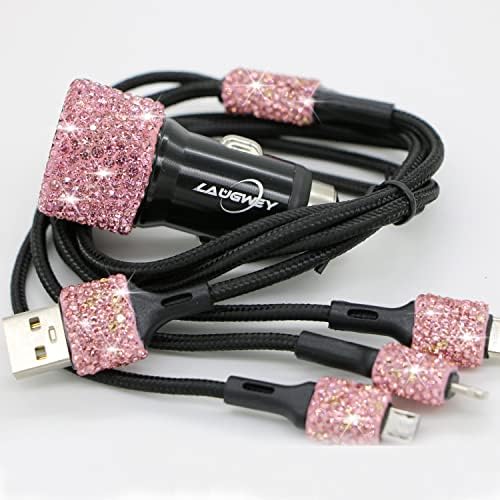 Chic Rhinestone Dual USB Car Charger & 3-in-1 Braided Charging Cable Set – Stylish Bling Accessories for Fast Charging & Enhanced Compatibility – Perfect for Women’s Vehicles in Silver