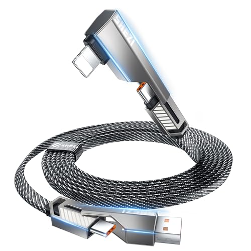 SHEZI 4-in-1 Fast Charging USB C Cable – 60 W Power Delivery with Lightning, USB C, and USB A Ports – 5 FT Durable Flat Nylon Braided Cord – Stylish Pink Design for i Phone, i Pad, and More – High-Speed 480 Mbps Data Transfer Solution for All Your Devices