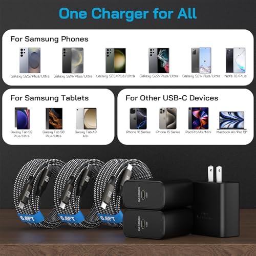 Dual-Pack 45 W Super Fast USB-C Charger with 6.6 ft Cables – Optimized PD/PPS Wall Charging Block for Samsung Galaxy S25/S24/S23 Ultra and Tab S8 – High-Efficiency Charging Solution for Home and Office Use