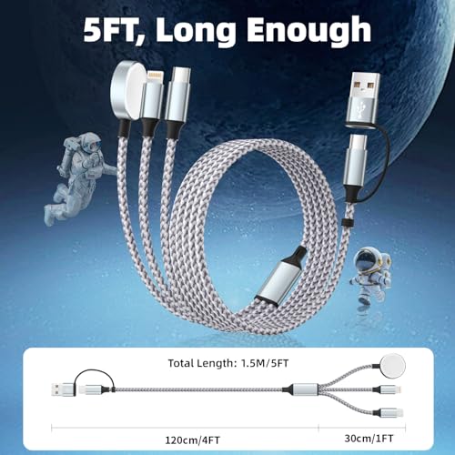 Ultimate 5 FT 3-in-2 Multi-Device Charging Cable for Apple i Watch & Android – Fast USB-A & USB-C Cord for Effortless Travel Power and Compatibility Solutions