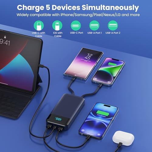 High-Capacity 40800 m Ah Portable Charger with Integrated Cables – Fast PD 25 W USB-C & QC4.0 Power Bank for i Phone 15/16 and Samsung – Smart LED Indicator, 5 Outputs for Multi-Device Charging – Ultimate Travel Companion for On-the-Go Power Solutions