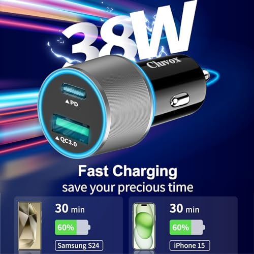 Dual Port 38 W USB-C Car Charger (2 Pack) – Fast Charge Your i Phone 16 Pro/Max/Plus & Samsung Galaxy S25/S24/S23 with 20 W PD & 18 W QC – Includes 3.3 FT Type C Cable – Sleek Black Design for Enhanced Compatibility and Efficiency, Perfect for Road Trips and Daily Commutes