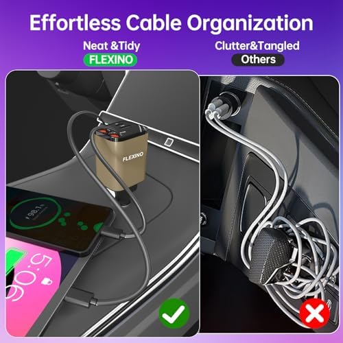Premium Flexino Compact Retractable Car Charger for i Phone 16 – 69 W Fast Charging with Dual 2.6 ft USB C Cords | Efficient Power Adapter Compatible with i Phone 16/15/14/13/12 Series & Galaxy Devices | Sleek Grey Design for Ultimate Portability and Reduced Cable Clutter