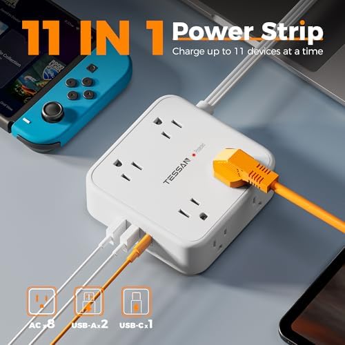 TESSAN Power Strip Tower Surge Protector: 8 AC Outlets & 3 USB Ports (1 USB-C) with 900 Joules Protection, 5 FT Flat Plug Extension Cord – Ultimate Desk Charging Station for Home Office and Dorm Room Efficiency