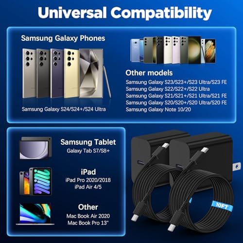 High-Speed Dual 45 W Charger Set with 10 ft USB-C Cable – Optimal Charging Solution for Samsung Galaxy S24/S23/S22/S21/Note 20/Note 10+ – Advanced Safety Features & Extended Reach for Android Devices