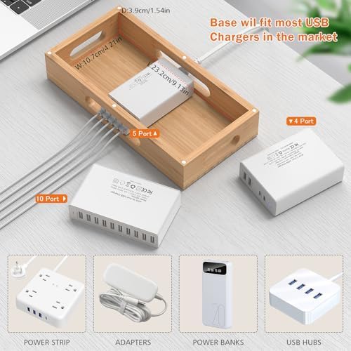 Bamboo Charging Station Organizer with 5-Port USB Hub and Charging Cables – Elegant Multi-Device Dock for Phones, Tablets, and Smartwatches – Eco-Friendly and Efficient Charging Solution for Home and Office Decor