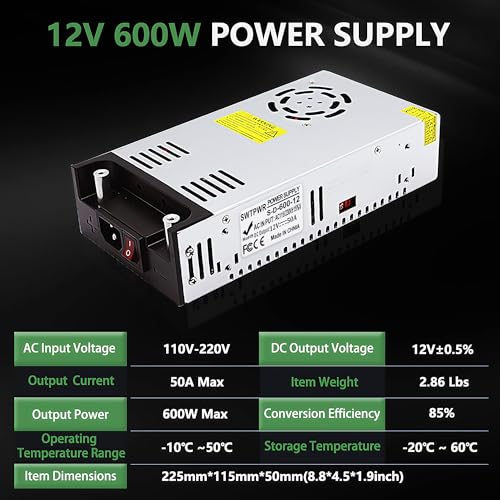High-Efficiency 12 V 50 A AC to DC Power Supply – 600 W Smart Cooling Transformer for LED Lighting, CCTV Systems, and Automotive Applications Maximize your device performance with our state-of-the-art 12 V 50 A AC to DC converter, delivering a robust 600 W power supply tailored for demanding applications. Designed with cutting-edge smart cooling technology, this transformer ensures optimal operation and prevents overheating, extending the lifespan of your equipment. Perfect for powering LED strips, CCTV cameras, and automotive devices, its compact design allows for seamless installation in various environments. Built-in safety features, including overcurrent and short-circuit protection, provide peace of mind while maintaining efficiency. Invest in this high-quality power supply for enhanced device reliability and energy savings, making it an essential addition to both home and professional setups. Choose SWTPWR for your power needs and experience unparalleled performance.