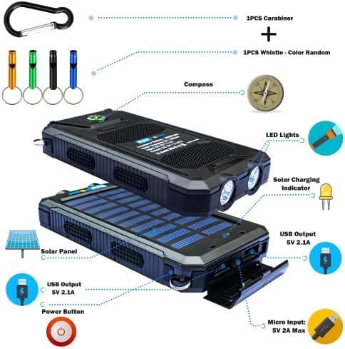 High-Capacity 20000 m Ah Solar Power Bank with Emergency Tools – Waterproof Portable Charger for Camping, Hiking & Outdoor Adventures with Carabiner, Compass, Whistle, and Dual USB Ports for Quick Charging