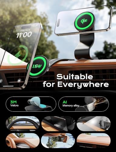 Maximize Your Driving Efficiency with the Magsafe Car Mount Charger – Ultimate 15 W Fast Wireless Charging for i Phone 16 Series and Compatible Models – Innovative Magnetic Holder with Velcro Memory Metal for Superior Stability and Secure Grip – Experience Hassle-Free Hands-Free Navigation and Reliable Device Support on Every Journey