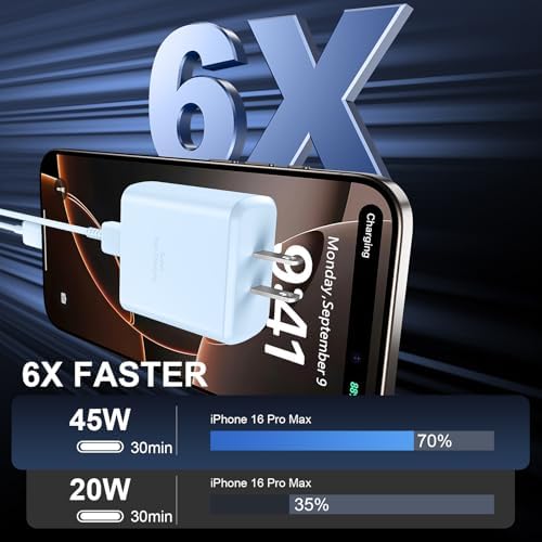 Accelerate Your Power Needs with Our 45 W Ultra-Fast USB-C Charger for Phone 16 Series – Includes a 10 ft Type C Cable in Eye-Catching Purple – Perfectly Crafted for Swift Power Delivery to Phone 16 Pro, Max, Plus & Earlier Models – Unleash Maximum Charging Efficiency and Aesthetic Appeal for Tech Enthusiasts on the Move