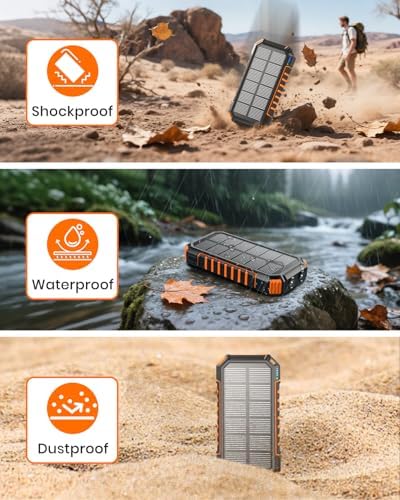 FEELLE 27000 m Ah Solar Power Bank – High-Capacity Portable Charger with 15 W Fast Charging, Dual Built-in Cables, and Emergency Flashlights for Outdoor Adventures – Ideal for Camping and Hiking, Compatible with i Phone and Android Devices