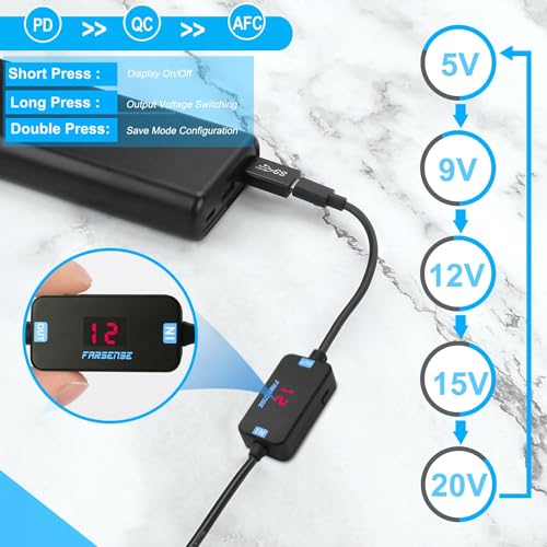 FARSENSE Versatile USB C to DC Adapter with 10 Connector Tips – 3.3 ft Barrel PD Trigger Cable for Effortless Voltage Switching and LED Voltage Display – Essential Power Solution for Laptops, Cameras, and More