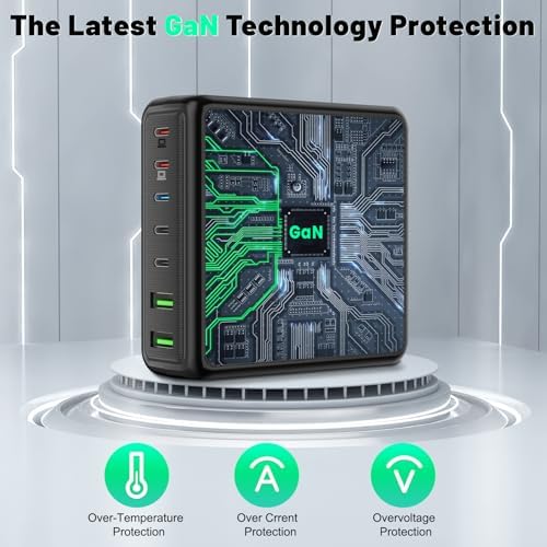 260 W 7-Port USB-C Charging Hub – High-Efficiency Dual 65 W Charger for Mac Book Pro/Air & i Phone 14/13 Series – Smart Power Distribution & Compact Design for Home, Office, and Travel Use – Versatile Fast Charging Station with GAN Technology for All Your Devices