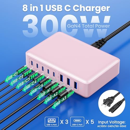 Power Up in Style: 300 W Ga N IV 8-Port USB-C Charging Hub – Fast PD 100 W Charger for Mac Book, i Phone 16/15/14, and Galaxy Devices – Ultimate Compact Charging Solution for Home and Travel Efficiency – Multi-Device Compatibility with Rapid Charging Capability – Engineered for Professionals and Tech Enthusiasts – Stay Powered Anywhere with This Versatile Charging Station