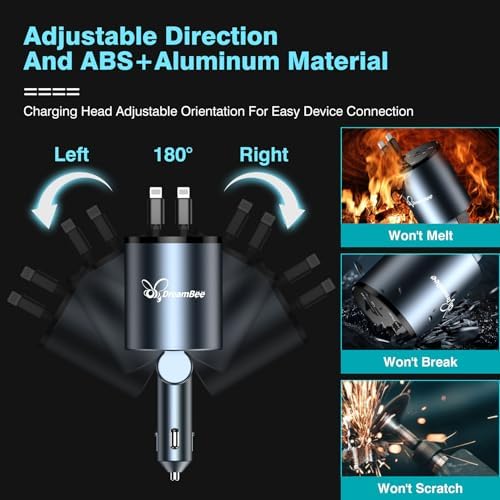 Ultimate 68 W 4-in-1 Retractable Car Charger – Rapid Dual USB Charging Adapter for i Phone 15/14/13/12 Pro Max, Samsung, Pixel & More – Tangle-Free Cables (31.5 inches) for On-the-Go Convenience and Enhanced Device Compatibility