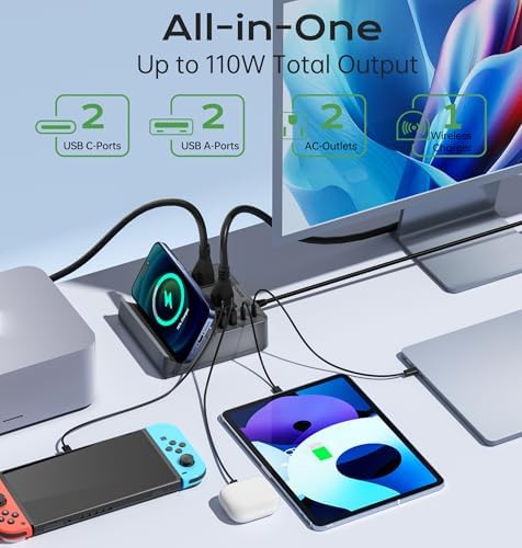 TOPOINT 7-in-1 Multi-Device Charging Hub with Wireless Charging Pad – 65 W Fast USB-C Power Strip for i Phone, Samsung, Mac Book, and More – Ultimate Compatibility and Space-Saving Design for Home and Office Use