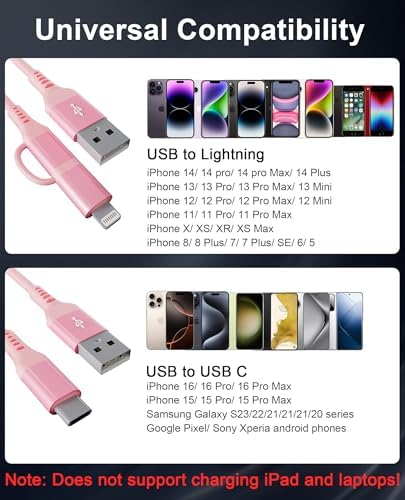 Stylish 2-in-1 Coiled Pink USB-C & Lightning Car Charger – Rapid Charging for i Phone 16/15/14 & Android Devices, Compact Design for Seamless Travel with Apple Car Play & Android Auto Compatibility, Perfect for On-the-Go Power Needs