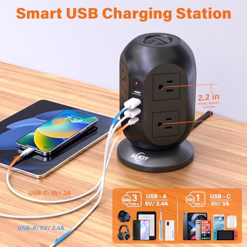 Compact Surge Protector Power Strip Tower with 8 AC Outlets & 4 Fast-Charging USB Ports (1 USB-C) – Aioy 10 FT Flat Plug Extension Cord for Organized Home & Office Use, Black – Ultimate Device Charging Solution for Efficiency and Safety