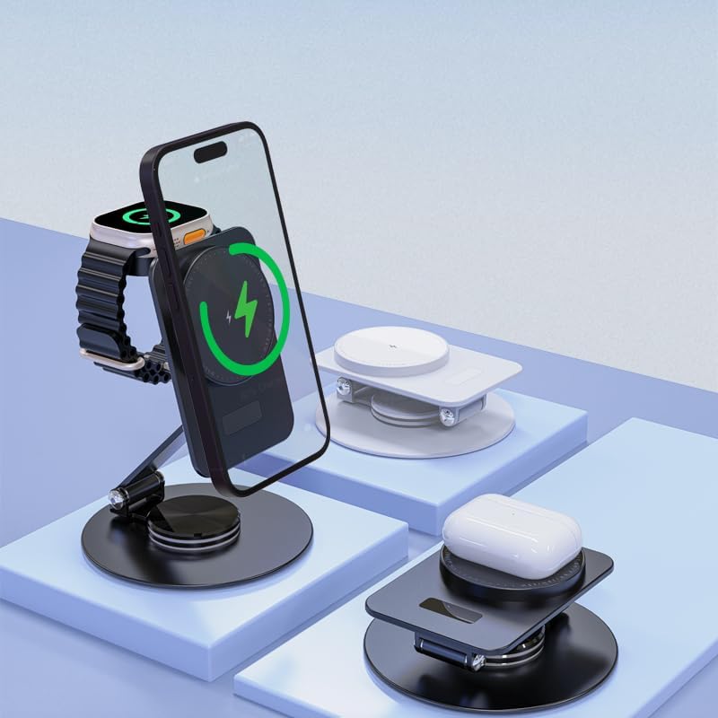 Foldable Magnetic Wireless Charger Stand – 2-in-1 Fast Charging Station for i Phone 16, 15, 14, 13, Apple Watch & Air Pods – Qi Certified 15 W Rapid Charger for Travel & Home Use – Sleek, Portable Design with Enhanced Compatibility and Efficiency