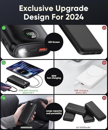 High-Capacity 40,000 m Ah Portable Power Bank with PD 30 W & QC 4.0 Fast Charging, Dual USB + Type-C Outputs, Built-in LED Flashlight & Real-Time Battery Display – Ultimate Travel Companion in Carbon Black for All Your Devices