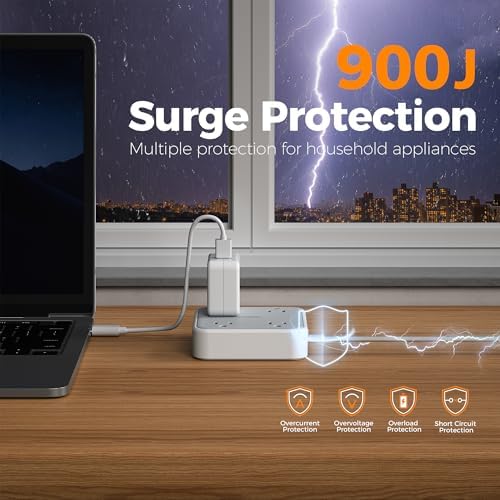 TESSAN 5 FT Flat Extension Cord Surge Protector – 4 Outlet Power Strip with 3 USB C Ports (1 USB C) for Fast Charging, 900 Joules Electronics Protection, Space-Saving Design for Home, Office, and Dorm Use, Enhanced Compatibility and Efficiency