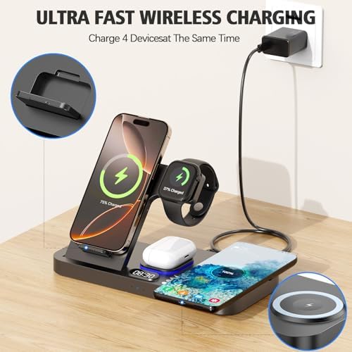 Revolutionize Your Charging Routine with the 2025 Wireless Charging Hub: 6-in-1 Power Station Featuring 30 W Fast Charge, Integrated Clock, and 7-Color Night Light – Dual Phone Charger Compatible with i Phone 16, Samsung Galaxy, Air Pods, and Apple Watch for Ultimate Convenience and Style