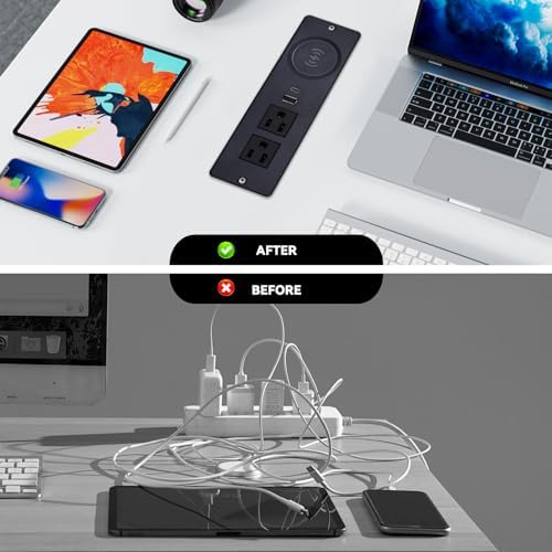 Recessed Power Strip with Integrated 15 W Wireless Charger – Versatile Desktop Charging Station Featuring 2 USB-C Fast Charging Ports & Dual AC Outlets for Home and Office Use – Streamlined Design for Clutter-Free Spaces & Enhanced Device Compatibility