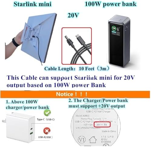 Starlink Mini Cable, 100W USB C Power Cable with USB Type-C Input to Waterproof DC5521, Compatible with 100W+ Power Bank and PD Charger (9.8 Feet) – Enhanced Compatibility and Speed