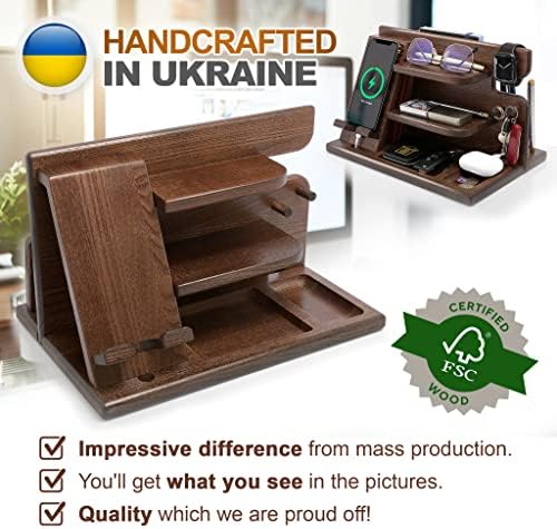 TESLYAR Wood Phone Docking Station for Men – Desktop or Nightstand Organizer – Birthday gifts for Men or Dad – Anniversary Idea from Wife – Key Holders, for Wallet, Watch & Essentials (Chestnut Brown) – Enhanced Compatibility and Speed
