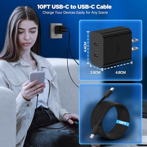 High-Speed Dual 45 W Charger Set with 10 ft USB-C Cable – Optimal Charging Solution for Samsung Galaxy S24/S23/S22/S21/Note 20/Note 10+ – Advanced Safety Features & Extended Reach for Android Devices