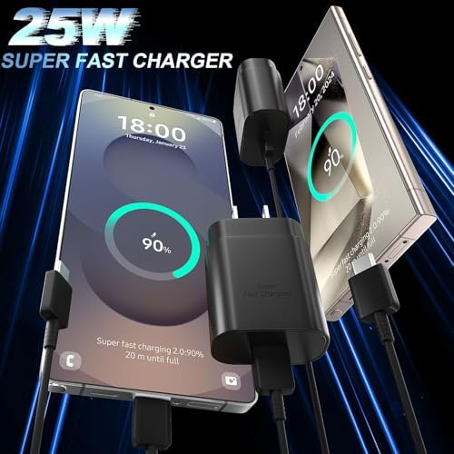 25 W Ultra-Fast Samsung Charger with 6.6 FT USB-C Cable | Rapid Charging Solution for Galaxy S25/S24/S23/S22/S21/Note Series | High-Speed Performance & Safety Features for On-the-Go Users | Ideal for Travel & Everyday Use | Boost Your Device’s Battery Life Effortlessly