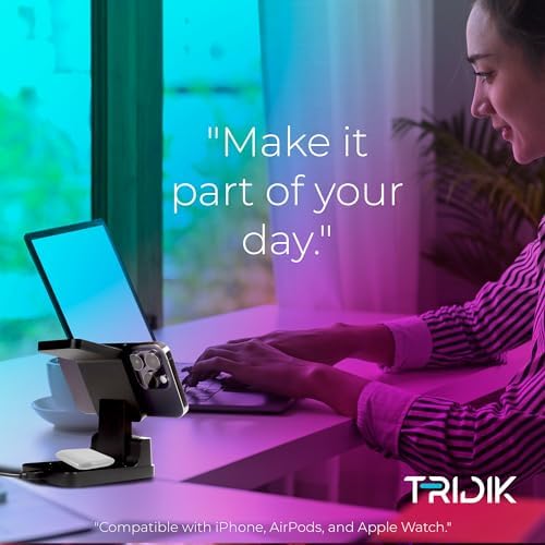 TRIDIK 4-in-1 Wireless Charging Station with Digital Clock & Alarm – 15 W Fast Charger for i Phone, Apple Watch & Air Pods – Includes 20 W Adapter – Ultimate Dock for Enhanced Compatibility & Sleek Design