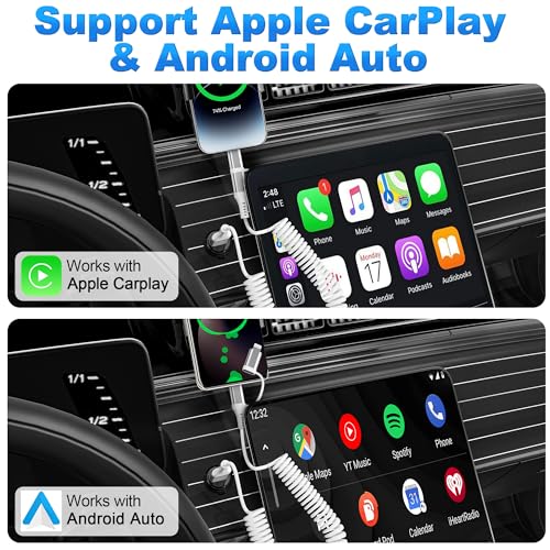 Universal Coiled USB to USB-C and Lightning Charging Cable for Car – 3 A Fast Charge & Data Sync Solution for i Phone and Android Devices – Ideal 3 Ft Length for Seamless Apple Car Play & Android Auto Integration – Durable, Tangle-Free, and Convenient Power Access in Your Vehicle – Enhance Your Driving Experience with Reliable Connectivity