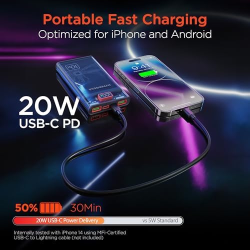 Ultra-Fast Hyper Gear 10,000 m Ah Power Bank – High-Performance Portable Charger with 3 USB Ports, 20 W USB-C Power Delivery, Slim Design with LED Display, Optimized for i Phone 16/15, Galaxy 23, and More Devices – Enhanced Speed and Universal Compatibility