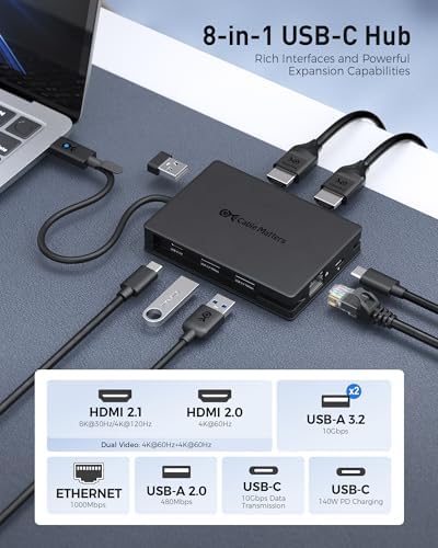 Elevate Your Connectivity with the Cable Matters 8-in-1 USB C Hub Multiport Adapter – Dual 4 K@60 Hz HDMI, 140 W Power Delivery, and Gigabit Ethernet for Unmatched Performance. Experience Lightning-Fast 10 Gbps Data Transfers with 2 USB-C and 1 USB-A 3.2 Ports, Perfectly Crafted for Seamless Device Integration. Ideal for Professionals Demanding Reliable Connectivity and Exceptional Visuals, This Compact Hub Supports One External Display on Mac OS, Making It Your Ultimate Travel Companion for Enhanced Efficiency and Power Management. Redefine Your Workspace Today!