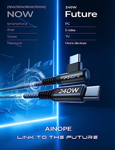 Optimize your charging setup with the AINOPE 240 W USB C to USB C Cable, a 6-foot powerhouse engineered for ultimate speed and flexibility. Featuring a right-angle connector, this fast charging cable is perfect for gaming or multitasking without the clutter of tangled cords. Compatible with the latest devices, including i Phone 16 Pro Max, i Phone 15, Mac Book Air/Pro, i Pad Pro, Samsung Galaxy, and Pixel, it delivers an impressive 240 W power output for rapid charging. The dual-pack offers exceptional value, ensuring you have a reliable charging solution wherever you go. Built with premium materials for durability, the sleek grey and blue design enhances your tech aesthetic while providing long-lasting performance. Elevate your device charging experience with this versatile cable, designed for both home and office use, while ensuring seamless connectivity across all your electronics.