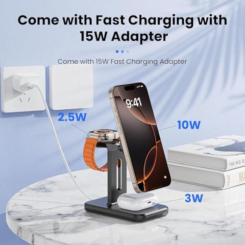 Ultimate 3-in-1 Fast Wireless Charging Station for Magsafe Apple Devices – Sleek Aluminum Charger with Adapter for i Phone 16/15/Pro/Pro Max/14/13/12, Apple Watch & Air Pods – Premium Magnetic Stand for Enhanced Speed and Style