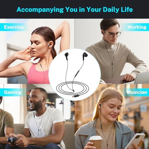 Premium USB C Earbuds for i Phone 16 & Samsung Galaxy Series – High-Fidelity Noise Cancelling Wired Headphones with Built-in Mic for Pixel 9 & One Plus 12 – Sleek Black Design for Ultimate Comfort and Clarity – Perfect for Music & Calls