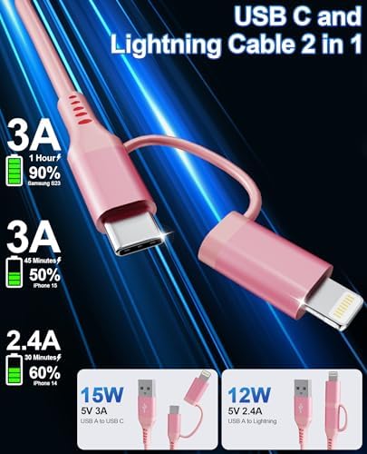 Stylish 2-in-1 Coiled Pink USB-C & Lightning Car Charger – Rapid Charging for i Phone 16/15/14 & Android Devices, Compact Design for Seamless Travel with Apple Car Play & Android Auto Compatibility, Perfect for On-the-Go Power Needs