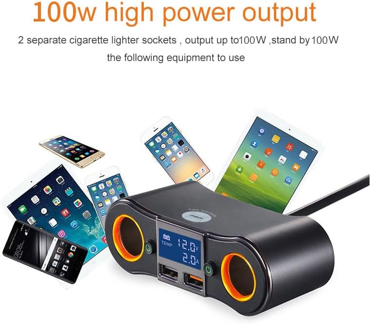 Dual USB Quick Car Charger Adapter with 2 Socket Cigarette Lighter Splitter – LED Voltage Display & Eco-Friendly On/Off Switch for Enhanced Device Charging and i Phone Compatibility