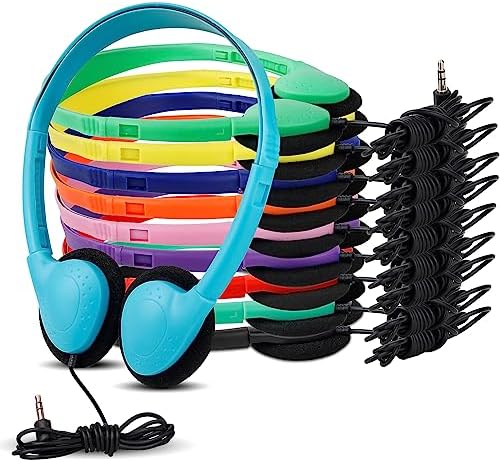 Bulk 25-Pack Kids Classroom Headphones – Vibrant Multi-Color Earphones for Enhanced Learning – Durable, Comfortable Design with Superior Sound Quality – Ideal for Focus and Group Activities in Educational Settings