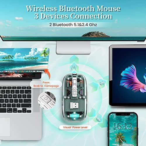 Sleek A.JAZZ Wireless Bluetooth 5.1 & 2.4 G Mini Mouse – Lightweight, Rechargeable, and Silent for Ultimate Focus in Office, PC, Mac, and i Pad Use – Stylish Transparent Design with Nano USB-C Receiver for Enhanced Compatibility and Performance