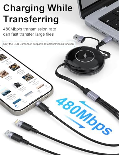 Versatile 3-in-1 Retractable Charging Cable for Ultimate Device Compatibility – 100 W Fast Charging USB-C, Lightning, and Micro USB for i Phone 16/15/14 Pro Max, Samsung Galaxy, Kindle – Portable Travel Charger with Sleek Black Design for Effortless Power on the Go