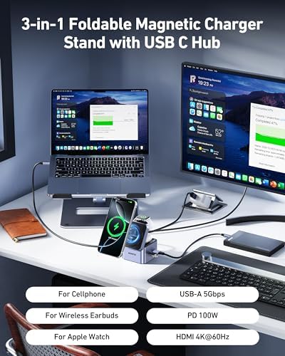 Ultra-Compact BENFEI 3-in-1 Mag Safe Wireless Charger Stand with USB-C Hub – Fast Charging Station for i Phone 16/15/14/13/12, Apple Watch & Air Pods, Featuring HDMI (4 K@60 Hz), 100 W PD, 2 USB 3.0 Ports for Enhanced Connectivity – Travel-Friendly Design with Adjustable Viewing Angles