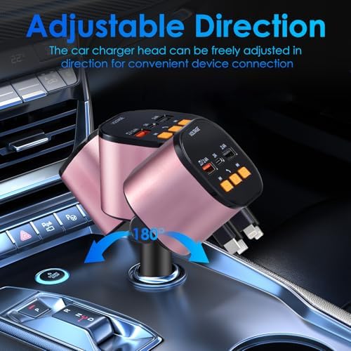 Ultimate 5-in-1 Fast Car Charger with Bluetooth 5.3 FM Transmitter – 90 W Retractable Charging Hub for i Phone 15/14/13 – Hands-Free Calling and Dual USB Ports for Seamless Connectivity and Quick Charging – Compact Black Design for Enhanced In-Car Experience