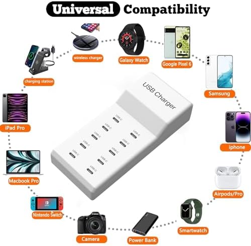 Ultimate 12-Port USB C Charging Station – 60 W Multi-Device Power Hub with 10 USB-C and 2 USB-A Ports for Fast Charging of i Phone, i Pad, Samsung, Google Pixel, Smartwatches, and Headphones – Compact Design for Home, Office, or Travel – Smart Technology for Optimal Power Delivery and Enhanced Compatibility