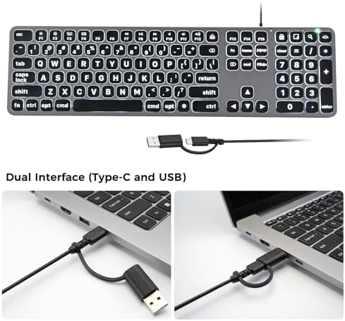 Illuminate Your Typing Efficiency with the Large Print Backlit Keyboard for Mac – Dual Interface, Ergonomic Low-Profile Design for Quiet, Precise Input, Full-Size Layout with Numeric Keypad for Enhanced Productivity, Perfectly Compatible with Mac Book Air/Pro and i Mac, Ideal for Day or Night Use