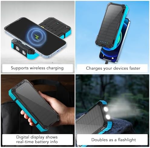 Ultimate Outdoor Solar Power Bank – 20,000 m Ah High-Capacity Charger with Integrated USB, Micro USB & Type-C Cables, Waterproof Design, 15 W Wireless Charging & 12 V Turbo Charge Technology (Blue) for Adventurers and Daily Users – Unmatched Durability & Versatile Compatibility